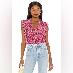 PAIGE Women's Small Genie Floral-print Ruffle Top 100% Silk Pink Feminine Blouse